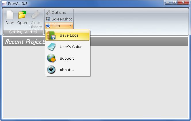 Screenshot: ProVAL Save Logs